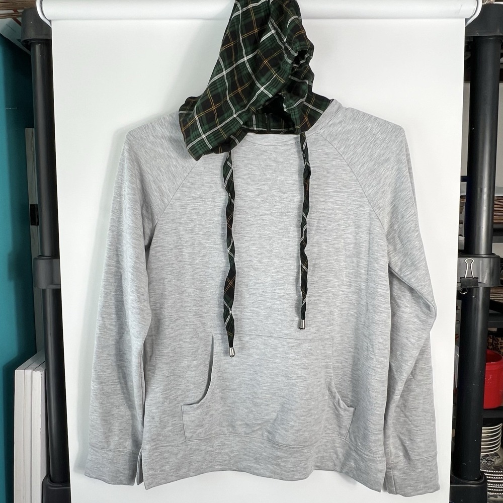 Maurices Womens Size S Gray Hoodie Green Plaid Hood Pullover Sweatshirt EUC Soft